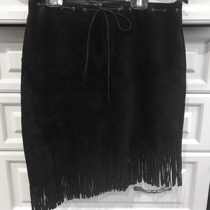 Short Black Fringed Suede Leather Skirt